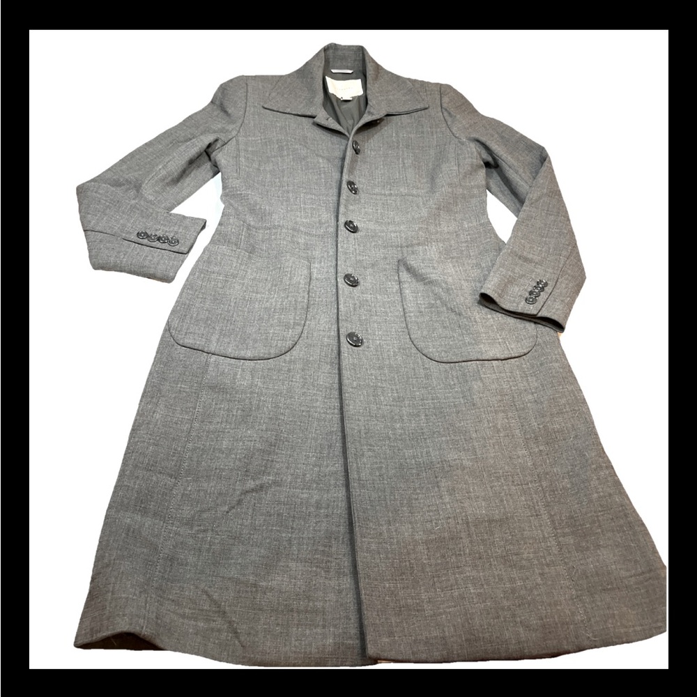 Allegory stretch GRAY WOOL Lycra TRENCH Sz 10 Pea Coat 6 Button Jacket 352834 L
